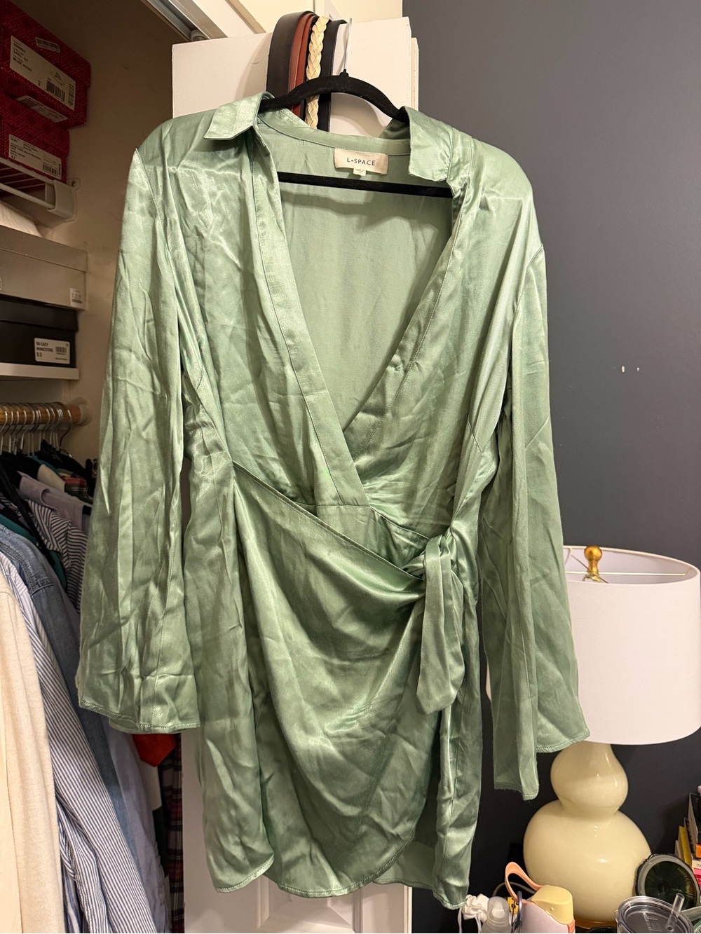 l*space Las Palmas Satin Wrap Mini Dress Sage